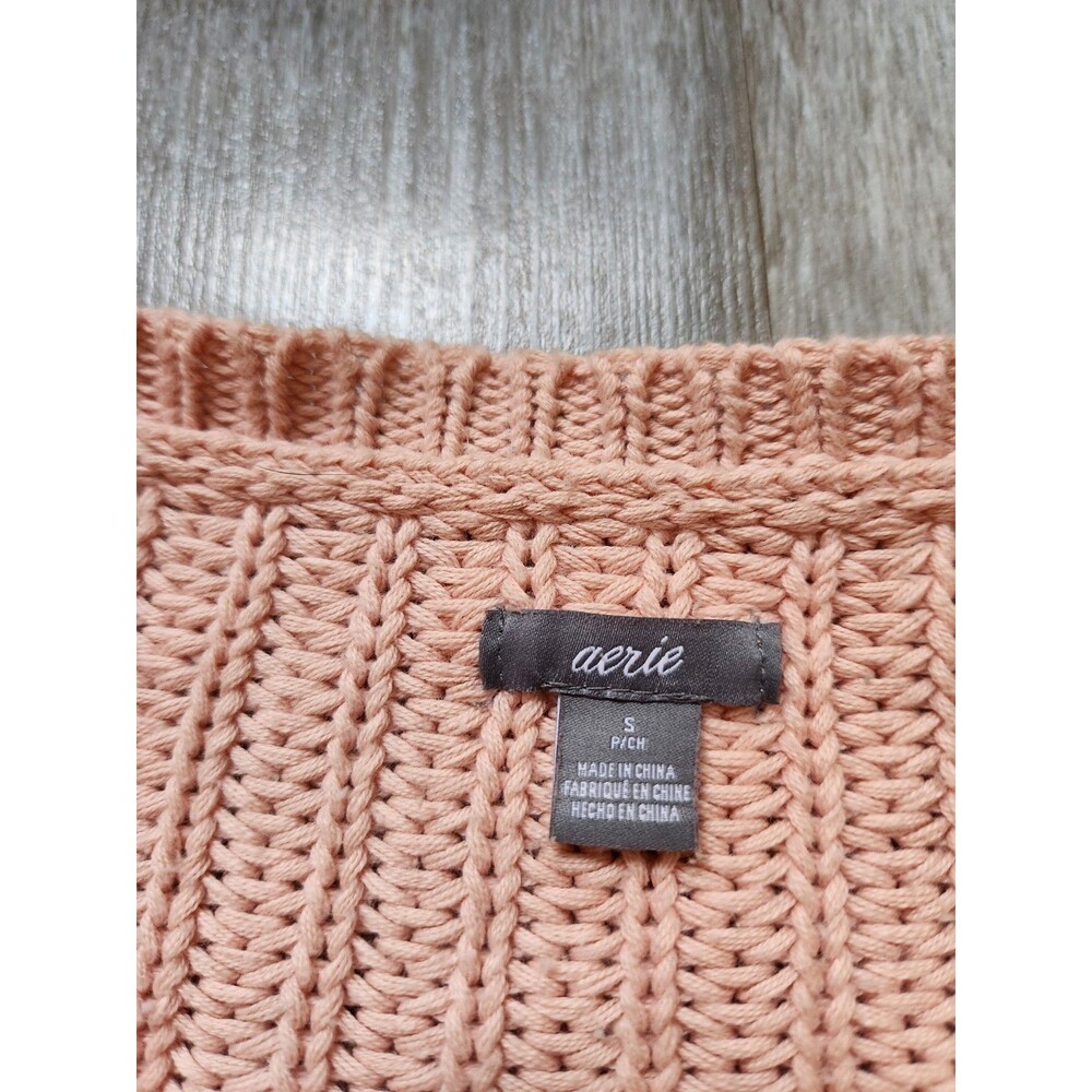 Aerie Chunky Knit Pink Sweater Crop Wide Sleeve Scalloped Hem Oversized Sz S EUC - Picture 3 of 8